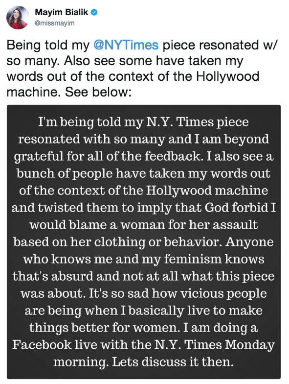 Mayim Bialik's New York Times Editorial — Mayim Bialik tweet defending her New York Times op-ed