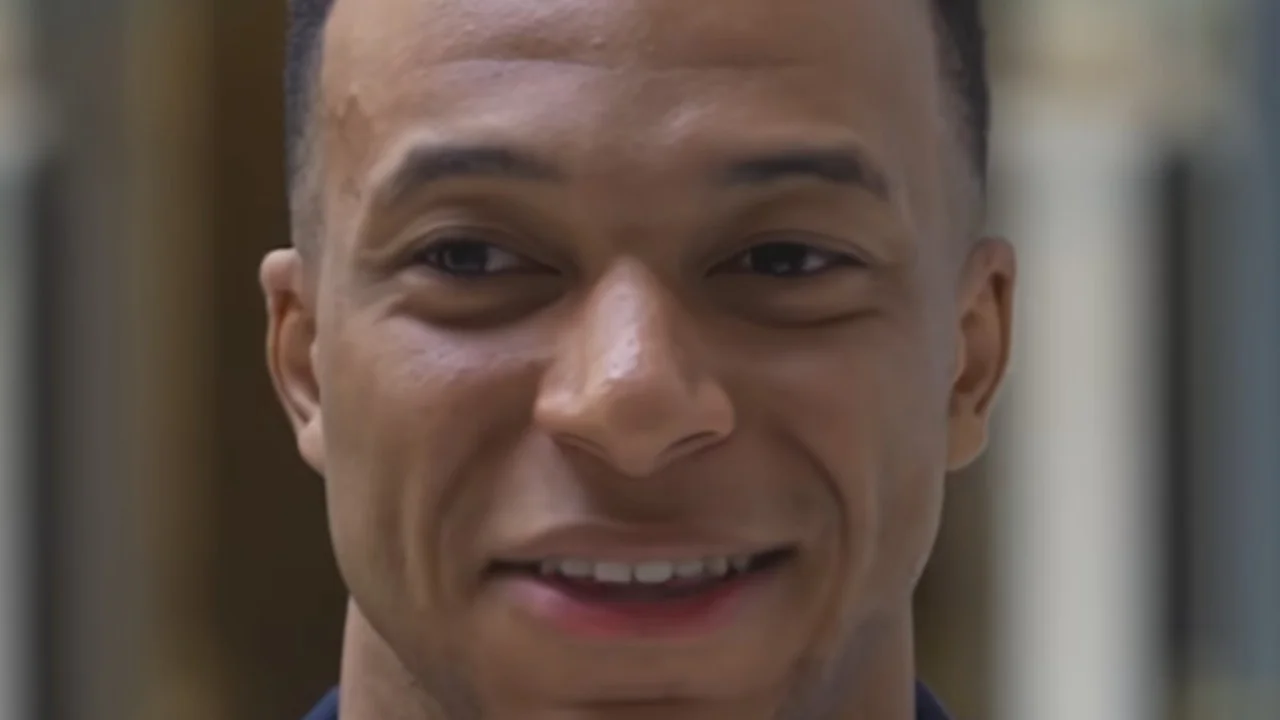 Mbappe Special — Extreme close-up of Kylian Mbappé smiling with an awkward expression