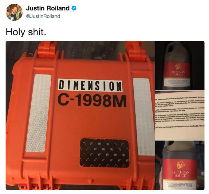 Mcdonalds Mulan Szechuan Sauce — Justin Roiland tweet showing McDonald's Szechuan Sauce case from Dimension C-1998M
