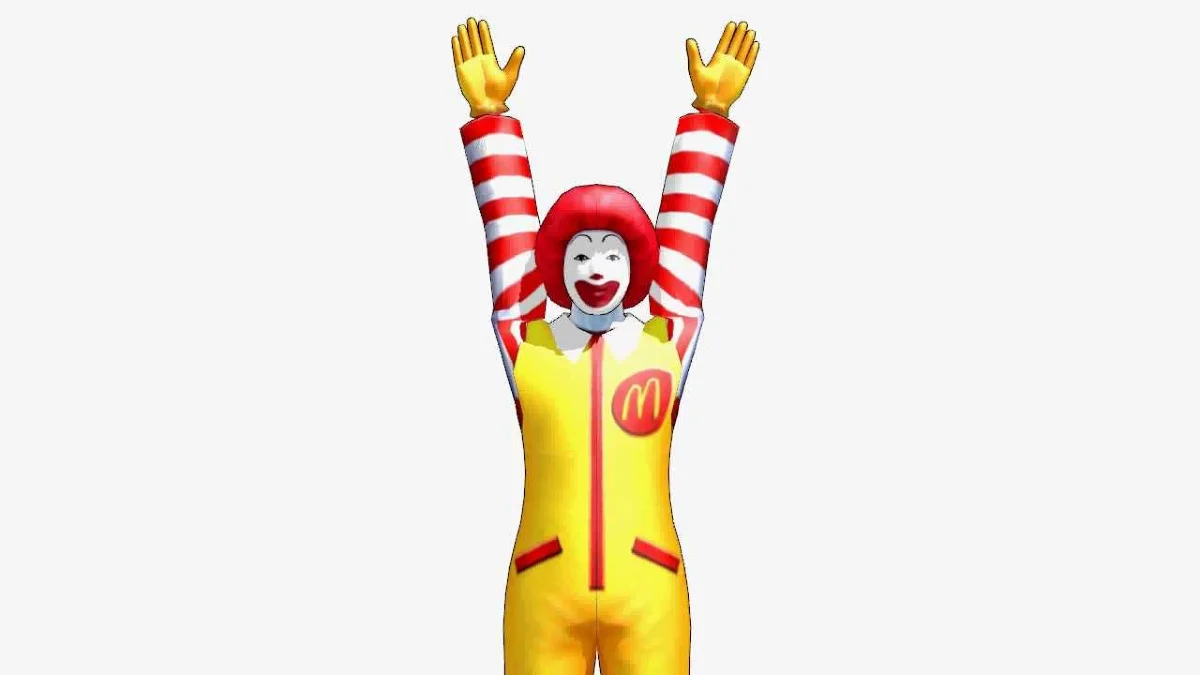 McDonald's "Ran Ran Ru" Commercials — 3D rendered Donald McDonald in yellow jumpsuit with arms raised above head