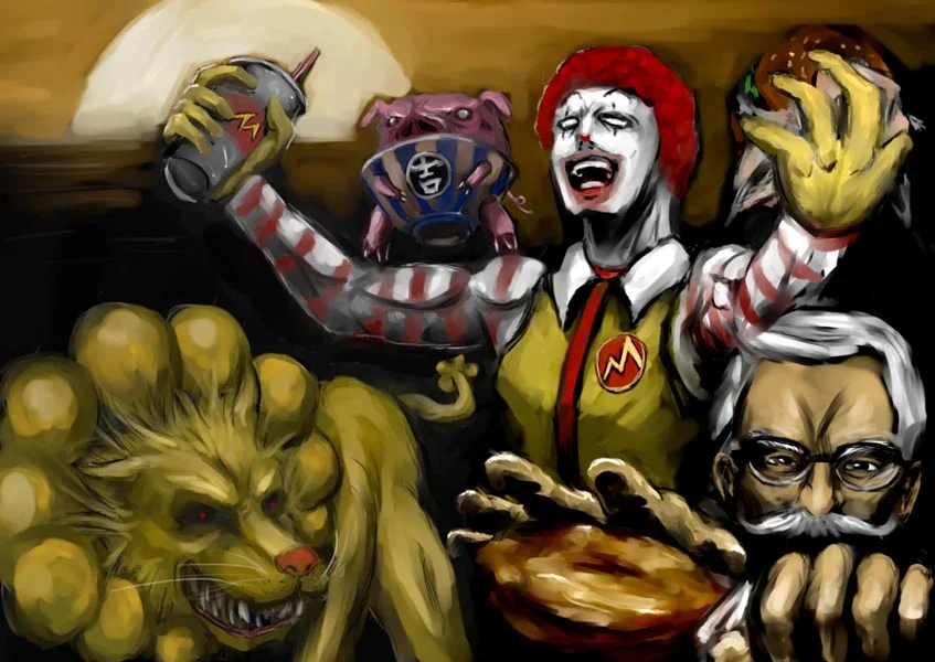 McDonald's "Ran Ran Ru" Commercials — Dark fan art of grotesque fast food mascots including laughing Ronald McDonald