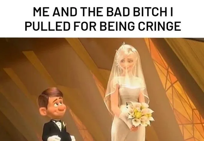 Me And The Bad Bitch I Pulled By Being X — Pixar wedding scene with short groom and tall bride, captioned 'me and the bad bitch I pulled for being cringe'