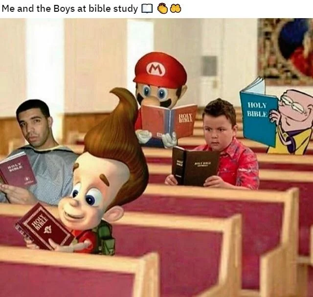 Me and the Boys — Creative hybrid meme combining animated character heads with real people in Bible study classroom setting.