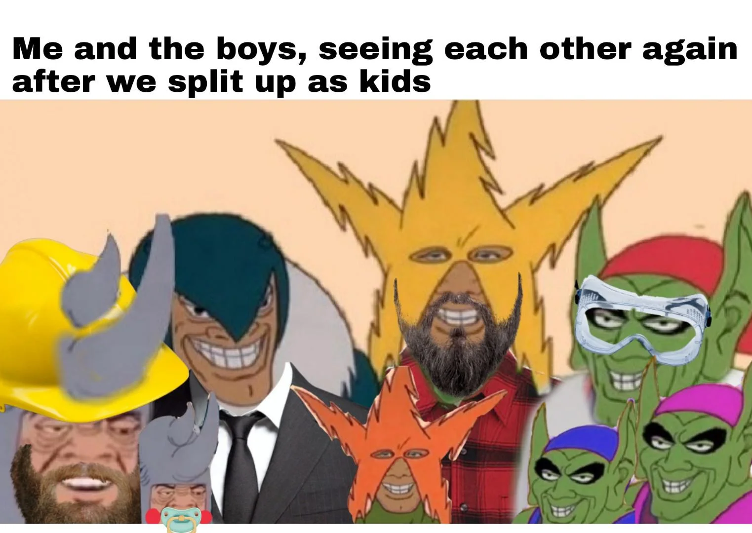Me and the Boys — Variation featuring five characters captioned with scenario about childhood friend reunions.