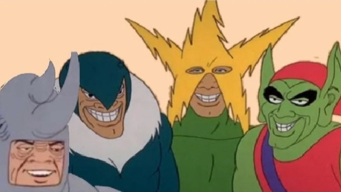 The canonical clean template for Me and the Boys meme featuring four colorful animated villain characters arranged side-by-side.