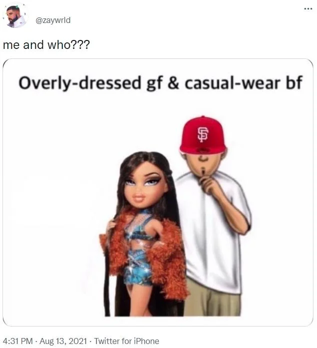 Twitter screenshot showing me and who??? caption with Barbie and Ken dolls labeled 'Overly-dressed gf & casual-wear bf'.