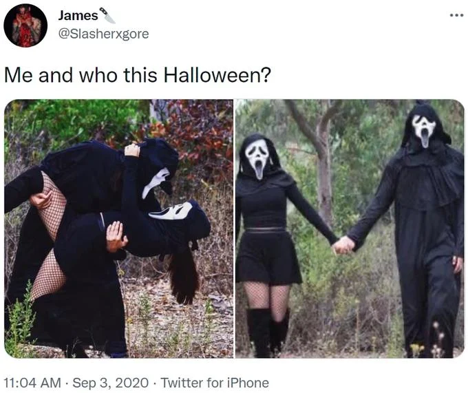Twitter screenshot showing seasonal Me and Who? variant with side-by-side photos of people in matching Ghostface/Scream costumes.