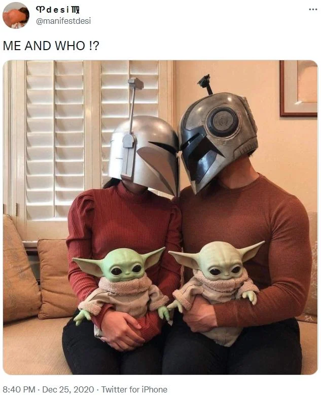 Twitter screenshot showing ME AND WHO!? caption with photo of people in Mandalorian costumes holding Baby Yoda figures.