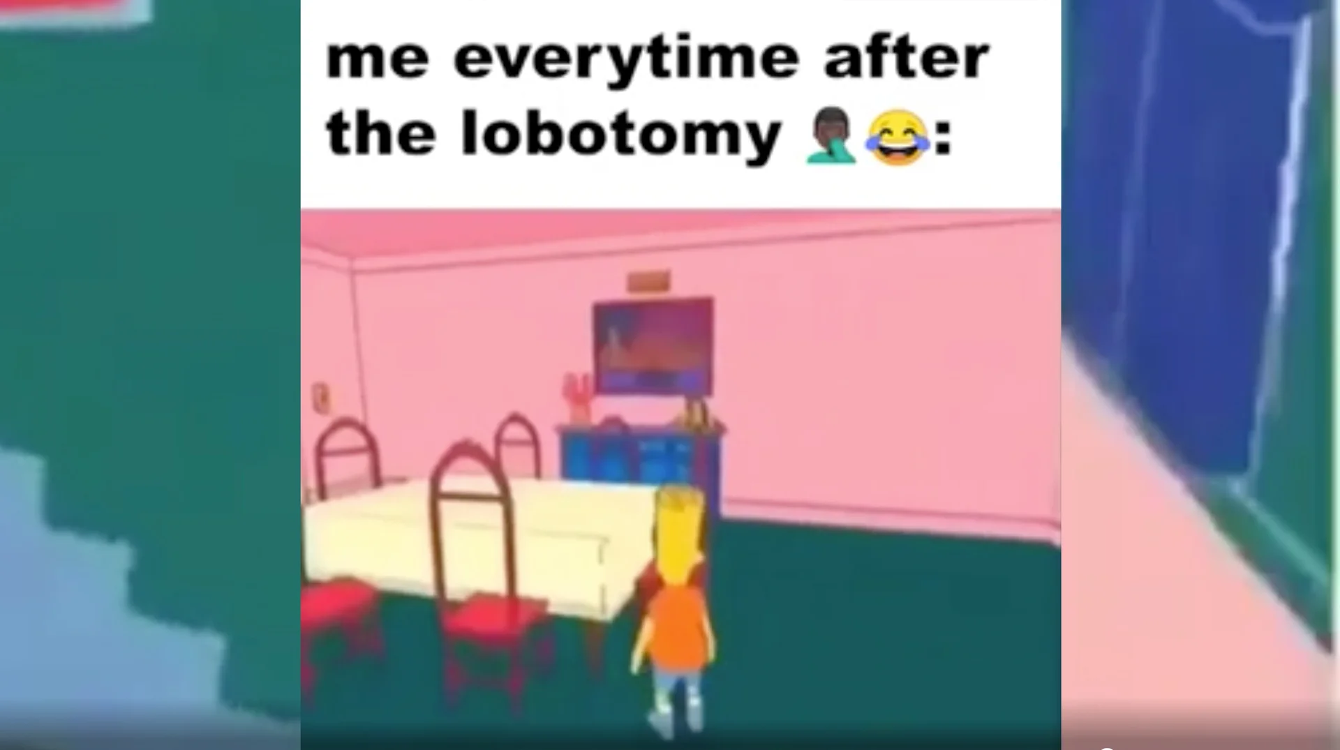 Cartoon character in pink room with caption 'me everytime after the lobotomy' and facepalm and laughing emojis