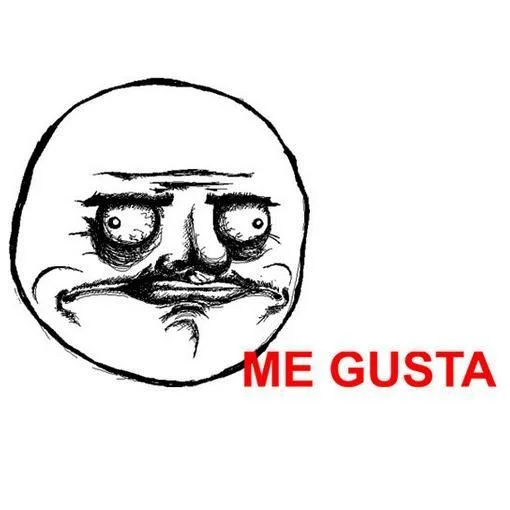 Me Gusta character displayed as simple line-drawn circular face with creepy satisfied expression, with red text on white background.