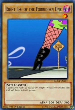 Me Irl — Parody Yu-Gi-Oh card for Right Leg of Forbidden One with image of leg in fishnet stockings.
