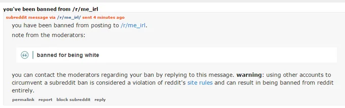 Me Irl — Reddit private message screenshot showing r/me_irl subreddit ban notification with humorous reason.