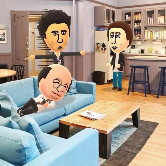 Me Irl — Nintendo Mii avatars of Seinfeld characters Jerry, George, and Kramer placed in real Seinfeld apartment set.
