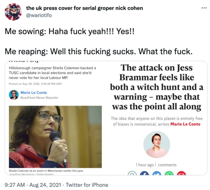 Me Sowing Me Reaping — Twitter post combining meme template text with news article about Sheila Coleman and Jess Brammar backlash.