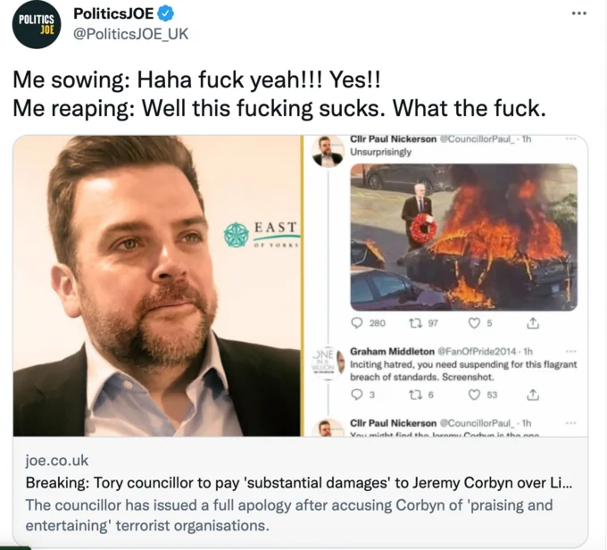 Me Sowing Me Reaping — PoliticsJOE Twitter post using canonical template with Paul Nickinson and Jeremy Corbyn compensation headline.