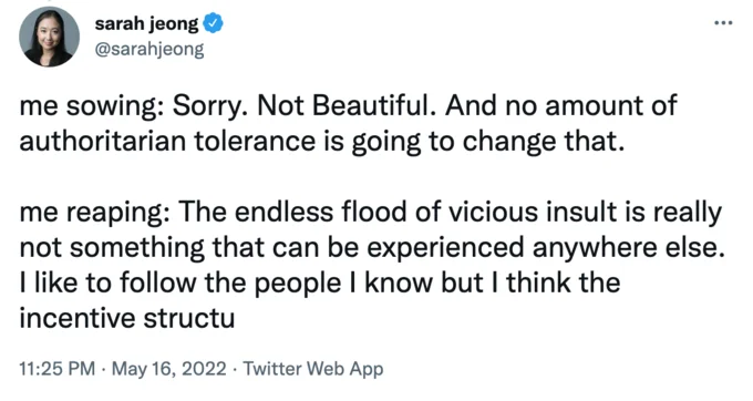Me Sowing Me Reaping — Sarah Jeong's Twitter post applying template to address online abuse and harassment.