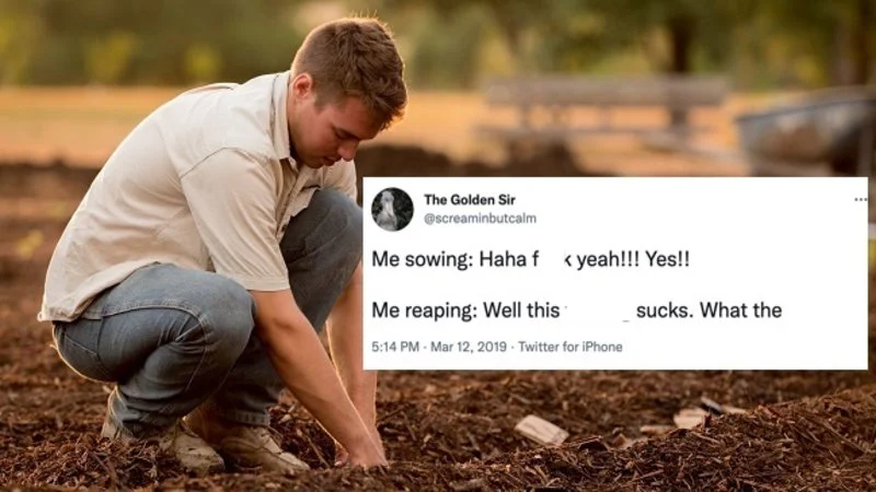 Me Sowing Me Reaping — Photograph of man crouching in garden soil with original tweet text overlaid, creating literal visual representation.