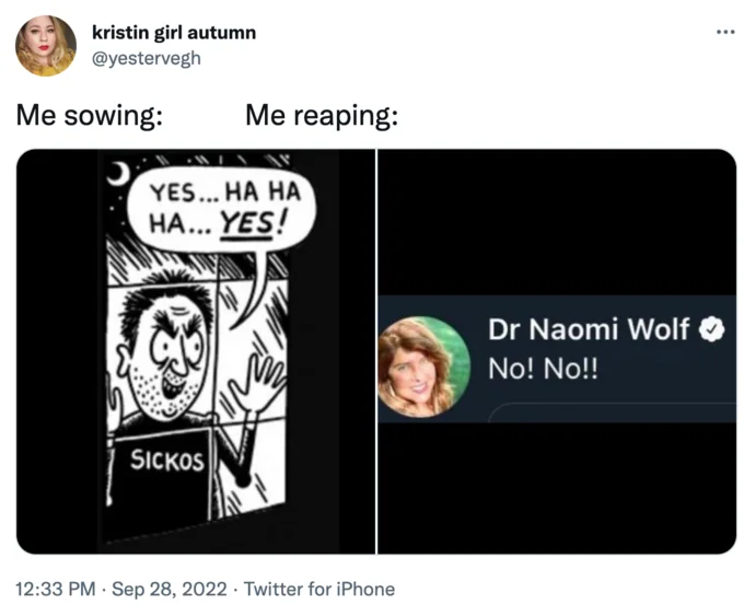 Me Sowing Me Reaping — Kristin's Twitter post contrasting enthusiastic manga character with Dr. Naomi Wolf's firm rejection.