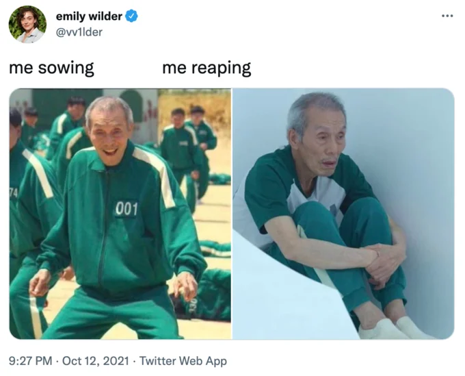 Me Sowing Me Reaping — Emily Wilder's Twitter post contrasting celebratory moment with despondent reaction using two images.