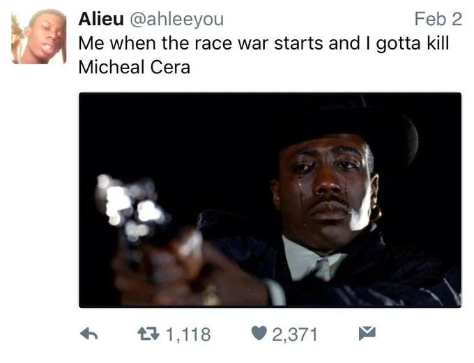 Me When The Race War Starts And I Gotta Kill X — Tweet by Alieu @ahleeyou pairing the crying Wesley Snipes image with the 'gotta kill Micheal Cera' caption.