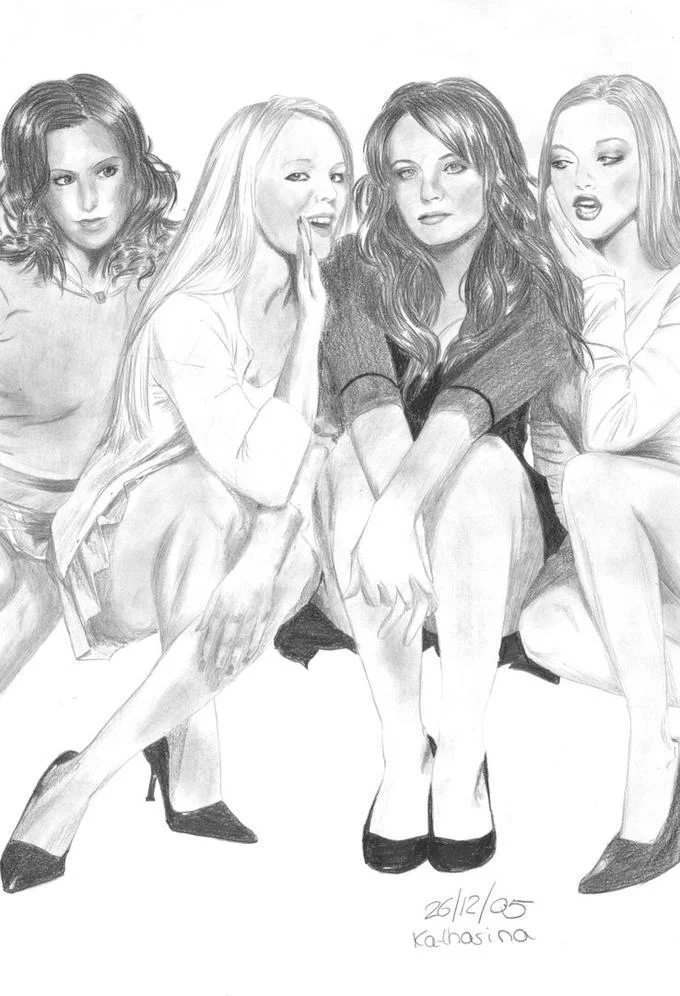 Pencil sketch fan art recreating the Mean Girls promotional pose of four seated women.
