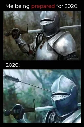 Medieval Knight With Arrow In Eye Slot — Two-panel meme with intact knight captioned 'Me being prepared for 2020' and arrow-pierced knight captioned '2020'.