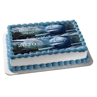 Medieval Knight With Arrow In Eye Slot — Rectangular sheet cake with blue frosting featuring edible image print of the 2020 knight meme panels.
