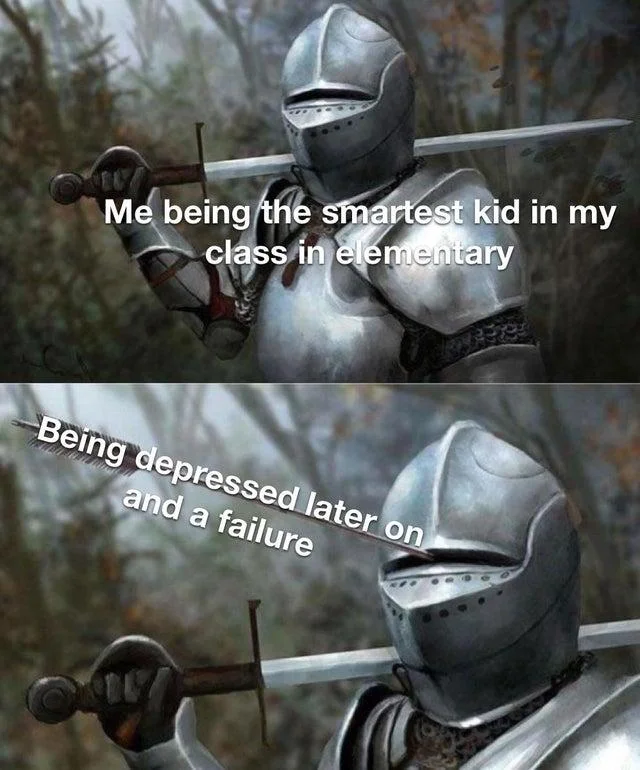Medieval Knight With Arrow In Eye Slot — Two-panel meme with intact knight labeled 'smartest kid in elementary' and arrow-pierced knight labeled 'depressed