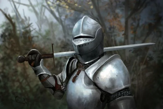 Medieval Knight With Arrow In Eye Slot — Moody digital painting of medieval knight in silver plate armor resting sword on shoulder against blurred forest