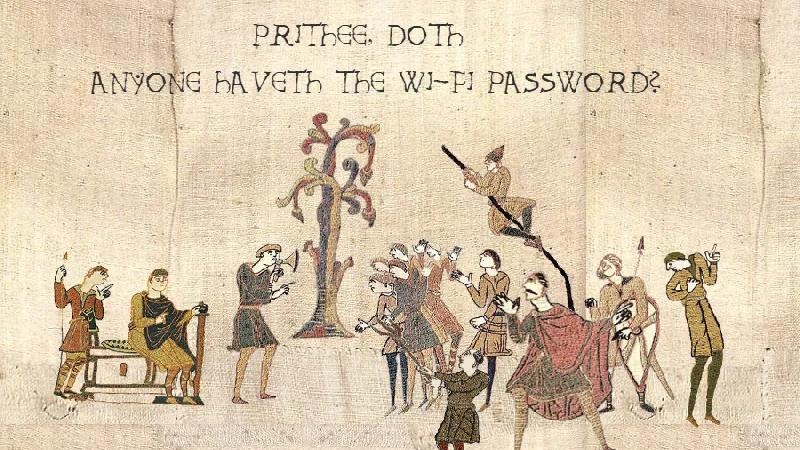 Medieval Tapestry Edits — Bayeux tapestry edit with caption asking for the Wi-Fi password in mock Old English