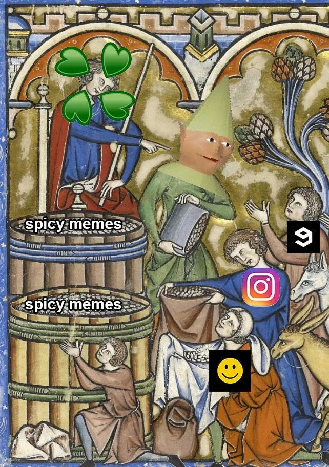 Medieval Tapestry Edits — Medieval manuscript edit of a wine-press making 'spicy memes' being harvested by 9GAG, Instagram and Dr. Rick