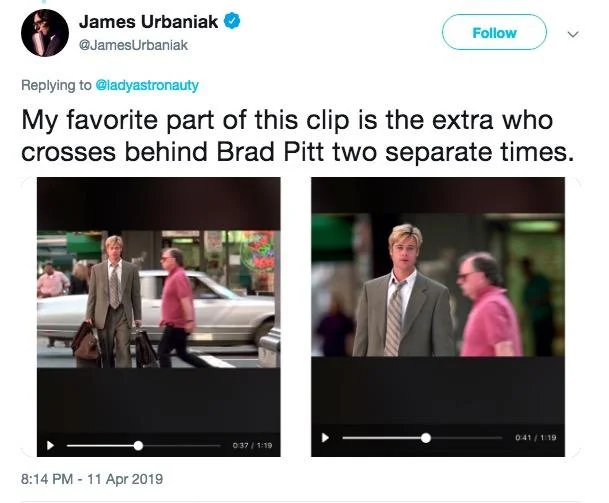Meet Joe Black Opening Scene — Tweet from James Urbaniak with two stills showing the same extra crossing behind Brad Pitt twice