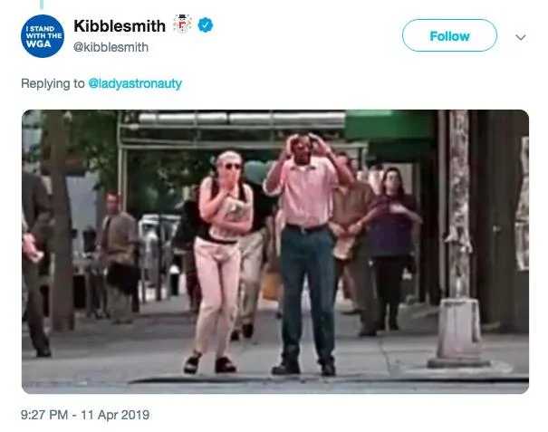 Meet Joe Black Opening Scene — Tweet from Kibblesmith showing bystanders reacting to Brad Pitt getting hit by a car in Meet Joe Black