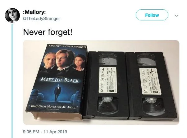 Meet Joe Black Opening Scene — Tweet showing a Meet Joe Black VHS box set with two tapes