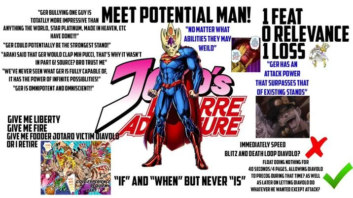 Giorno Giovanna's GER head on Superman's body labeled 'Meet Potential Man' in front of the JoJo's Bizarre Adventure logo.