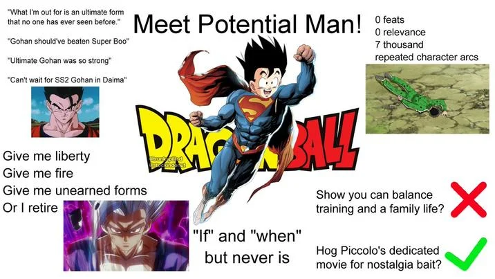 Gohan from Dragon Ball on Superman's body as 'Meet Potential Man' in front of the Dragon Ball logo.