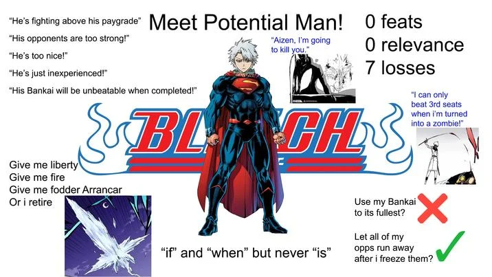 Toshiro Hitsugaya from Bleach edited onto Superman's body as 'Meet Potential Man' with quotes about his unfinished Bankai.