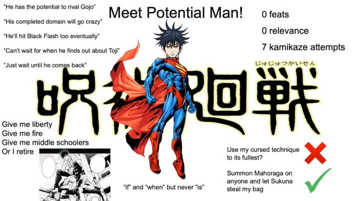 Lower-resolution version of the Megumi Fushiguro 'Meet Potential Man' template with hype quotes and stat block.