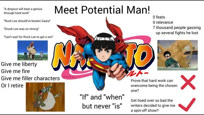 Rock Lee from Naruto on Superman's body as 'Meet Potential Man' in front of the Naruto logo.