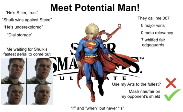 Shulk from Xenoblade on Superman's body as 'Meet Potential Man' in front of the Super Smash Bros. Ultimate logo.