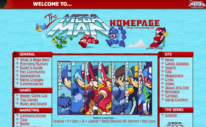 Screenshot of The Mega Man Homepage fan website with navigation menus