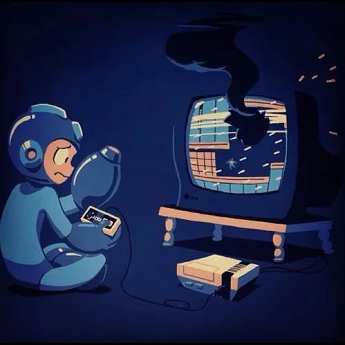 Illustration of Mega Man playing NES with a broken television screen