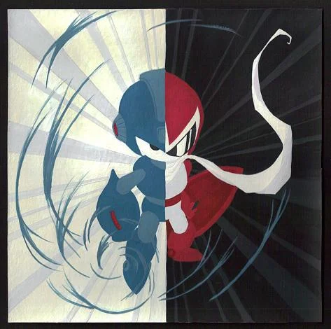 Split painting of Mega Man and Proto Man as opposing halves