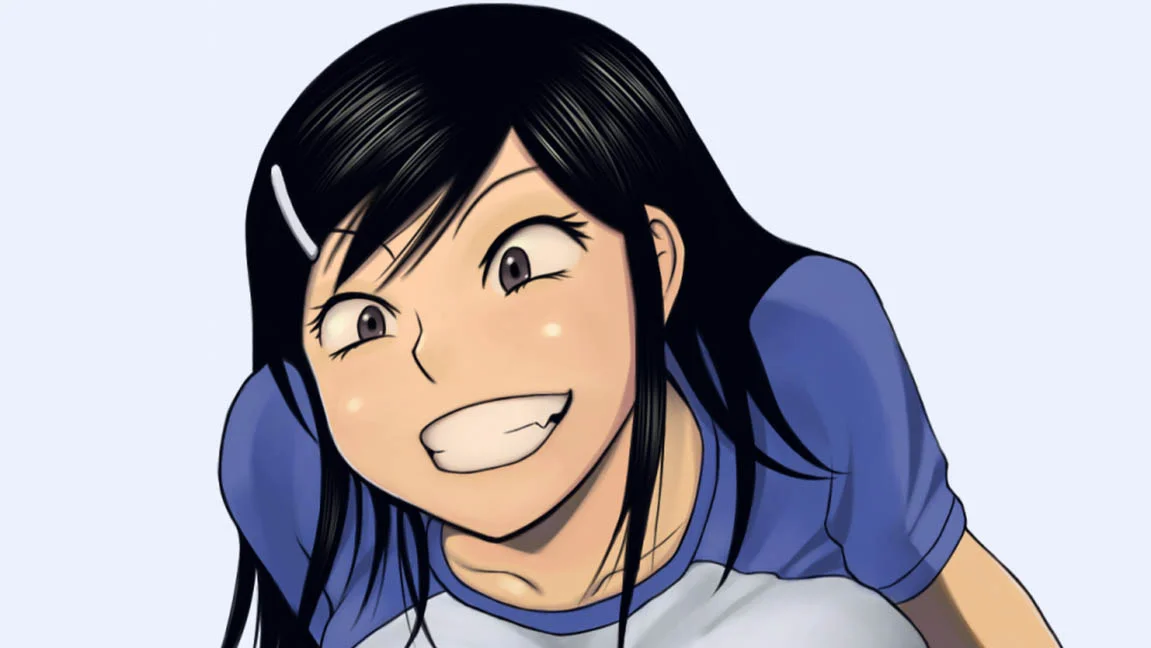 Mega Milk — Anime girl with black hair grinning while leaning forward in a blue and white shirt