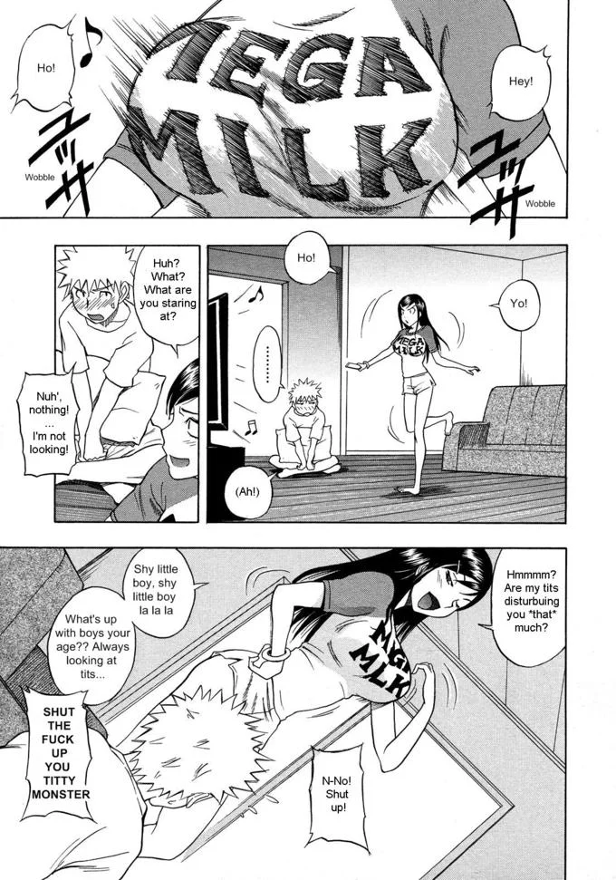 Manga page showing girl in Mega Milk shirt confronted by boy calling her a titty monster
