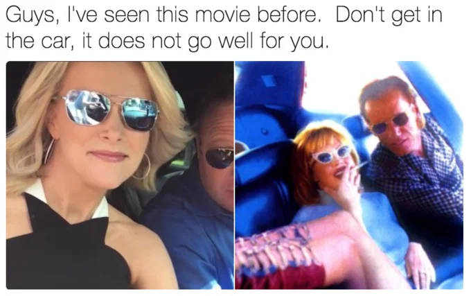 Megyn Kelly's Alex Jones Interview — Meme comparing Kelly and Jones selfie with a Kalifornia movie still