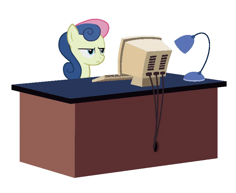 Meh. — My Little Pony character Bon Bon looks unimpressed at a vintage CRT computer on a desk.