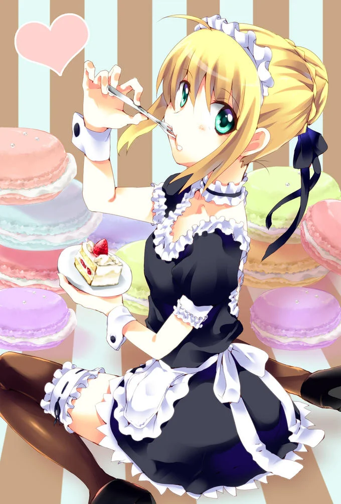 Maid Outfits — Blonde anime maid eating cake surrounded by macarons