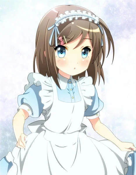 Maid Outfits — Brown-haired anime girl in blue and white maid outfit