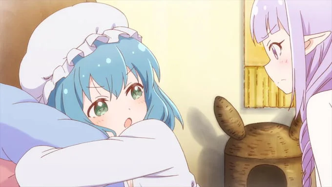 Meis No — Anime screenshot showing Mei with blue hair and green eyes in a white-wrapped blanket beside another character in a cozy interior.